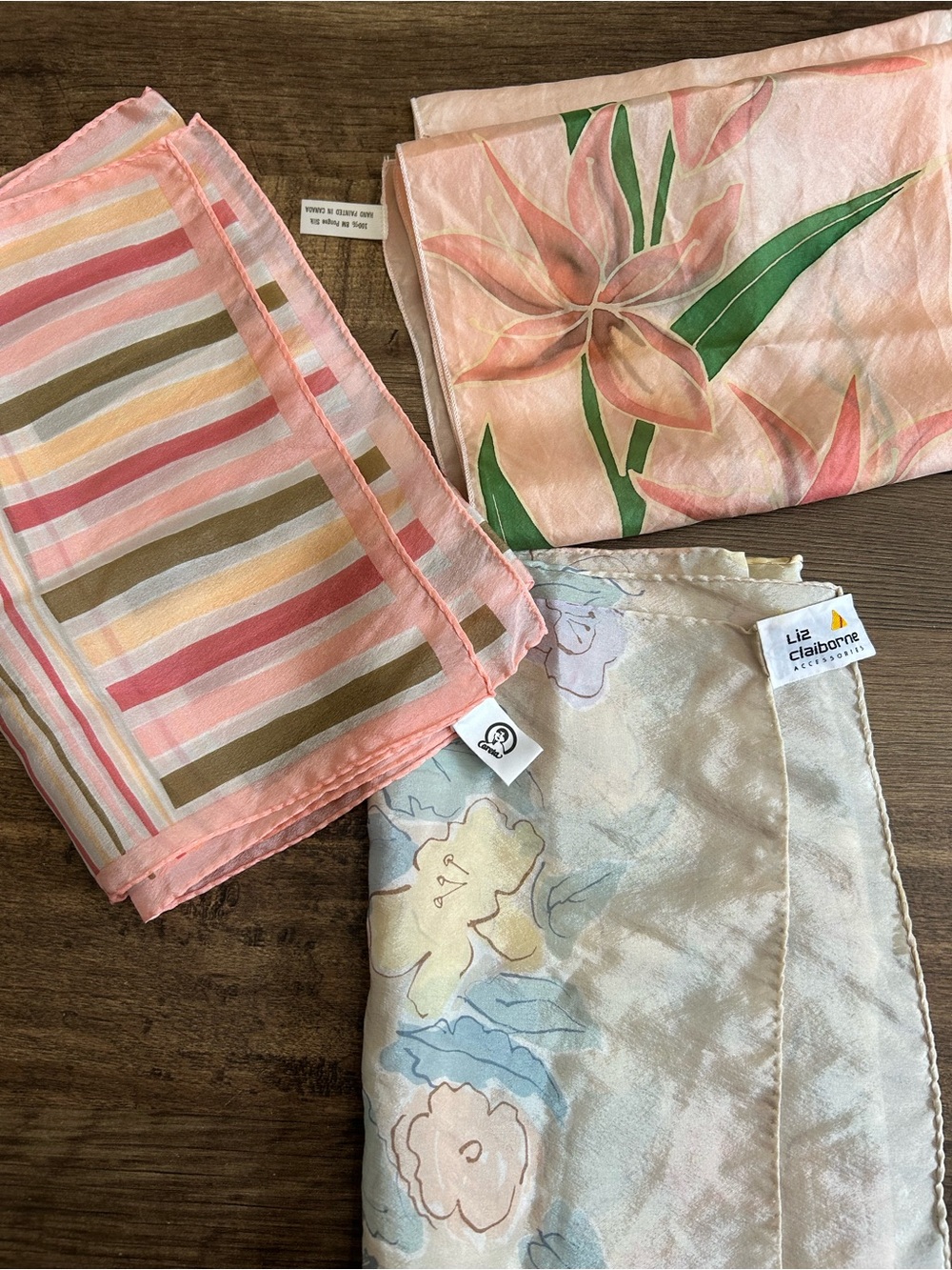 Lot of 3 Vintage 100% Silk Scarves - Liz Claiborne Careta Striped Hand Painted